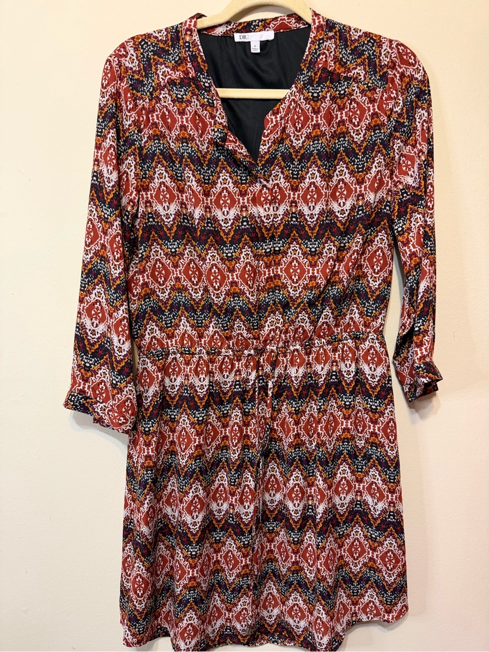 DR2 Rust Multi-Pattern Long Sleeve V-Neck Dress